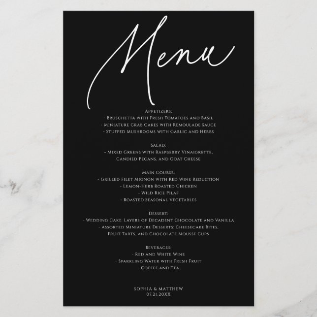 Calligraphy Minimalist Wedding Menu Black (Anverso)