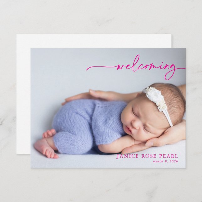 Calligraphy Pink Welcoming Baby Announcement card (Anverso / Reverso)