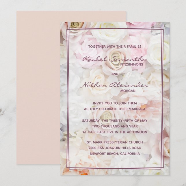 Cama de Rosas pálidos Invitaciones a la boda (Anverso / Reverso)