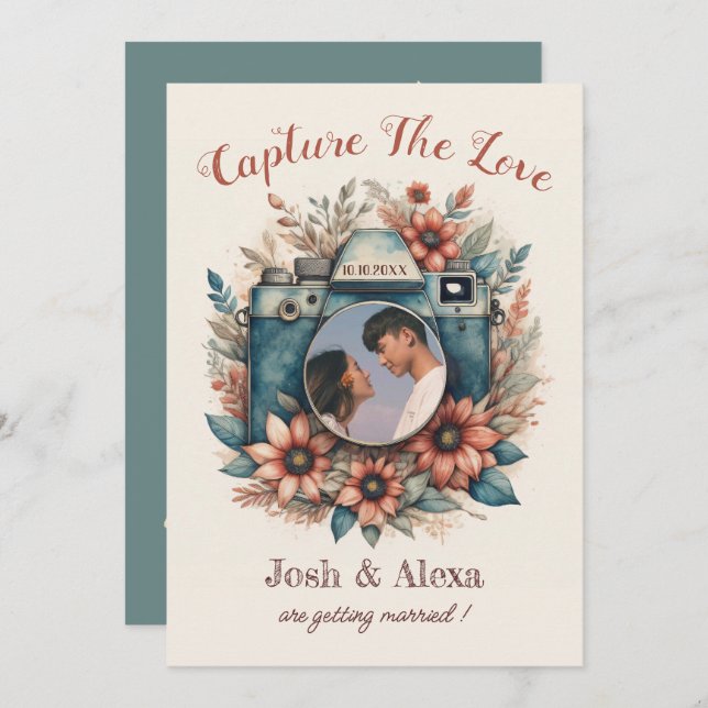 Cámara con invitación de boda floral (Anverso / Reverso)