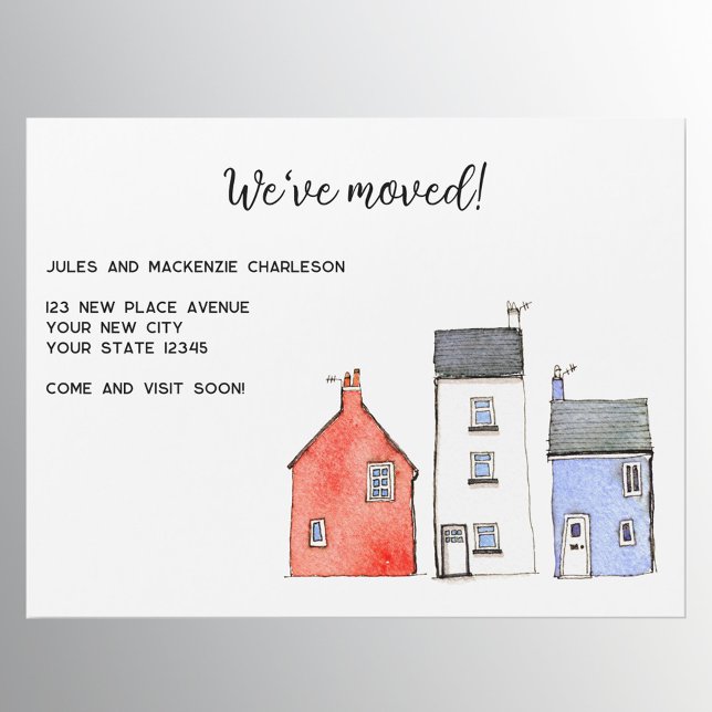 Cámara de acuarela cambio de tarjeta magnética de  (New home moving announcement magnetic card with watercolour houses and cottages and custom text)
