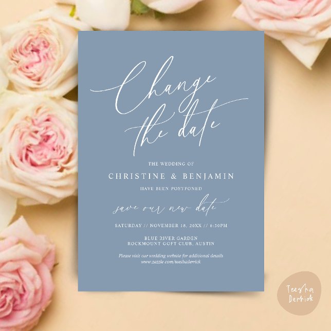 Cambiar la fecha, Guardar nuestra nueva tarjeta de (Change the date, Save our new wedding date modern romantic card in Dusty Blue)