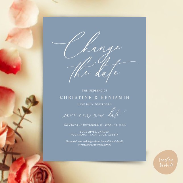 Cambiar la fecha, Guardar nuestra nueva tarjeta de (Change the date, Save our new wedding date modern romantic card in Dusty Blue)