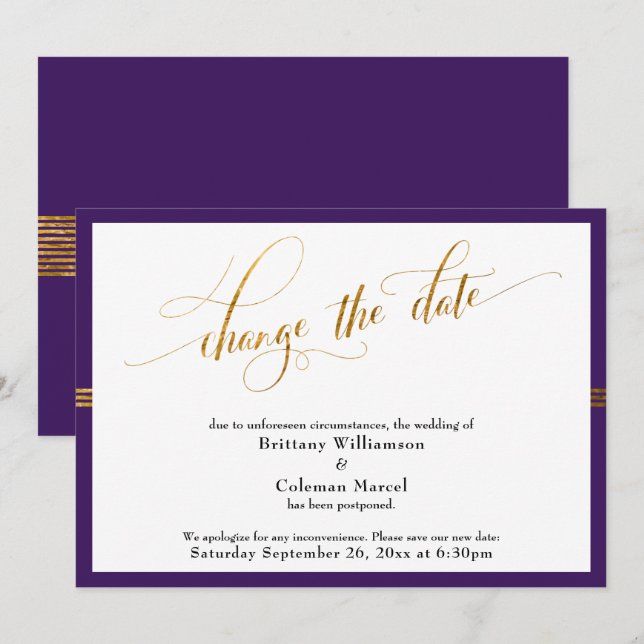 Cambiar la Fecha Tarjeta Elegante Morada con Franj (Anverso / Reverso)