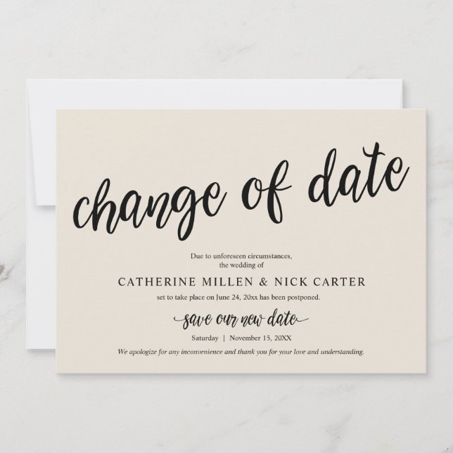 Cambio de fecha Boda, Crema, tarjeta de Invitación (Anverso)