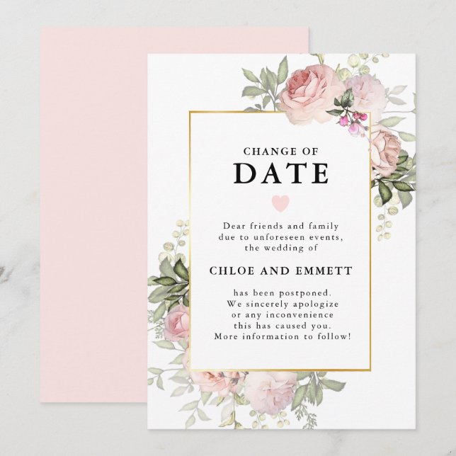 Cambio de fecha Invitación de Boda floral rosa (Anverso / Reverso)