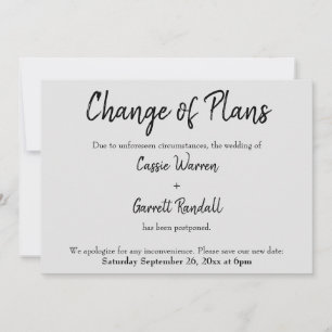 "Cambio de planes" Boda negro en tarjeta gris