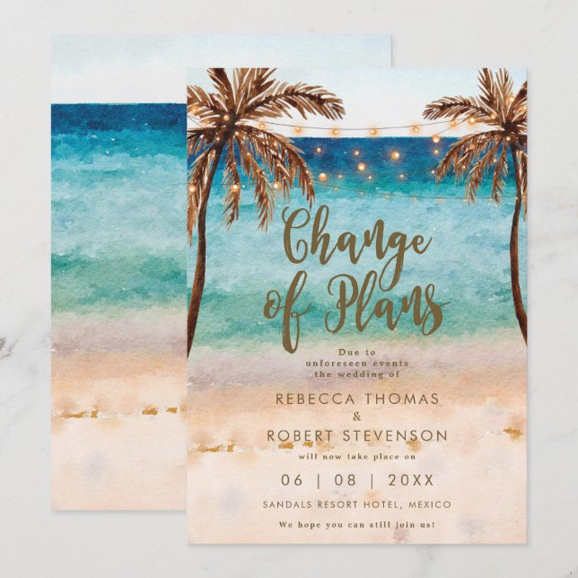 cambio de planes invitación a bodas de playa tropi (Anverso / Reverso)