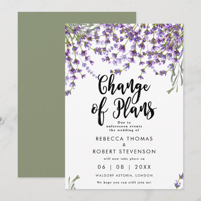 cambio de planes invitación a la boda de lavender (Anverso / Reverso)