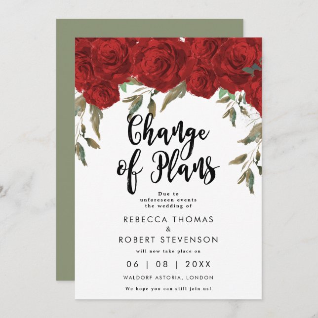 cambio de planes invitación a la boda de rosas roj (Anverso / Reverso)