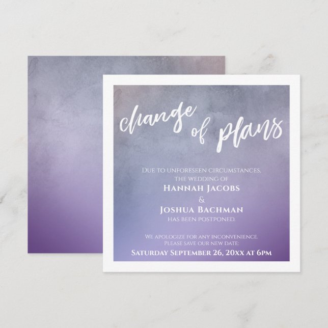 Cambio púrpura de la tarjeta Boda pospuesta de pla (Anverso / Reverso)