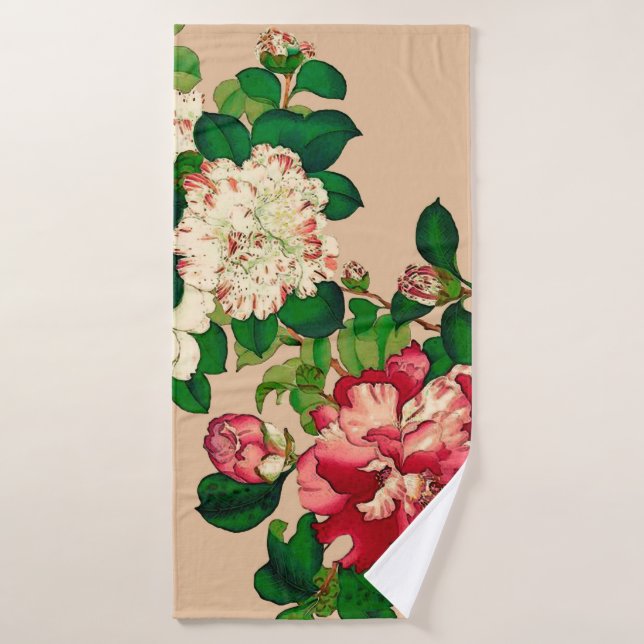 Camellias japonesas antiguas. Rosa profundo en Bei (Toalla de baño)