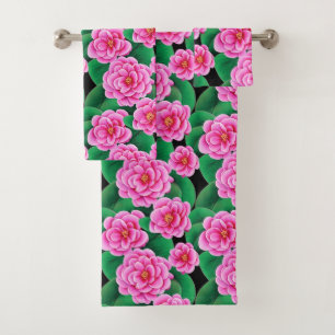 Camellias rosas de Fuchsia y hojas verdes de jade
