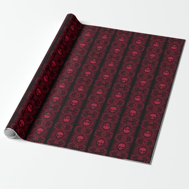 Cameo rojo Damask Skulls en papel de envolvimiento (Desenrollado)