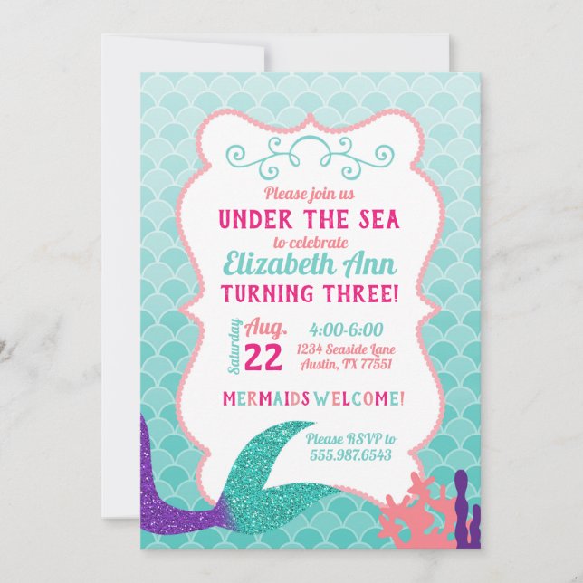 Caminata De Sirenas Bajo Invitación Al Cumpleaños  (Anverso)