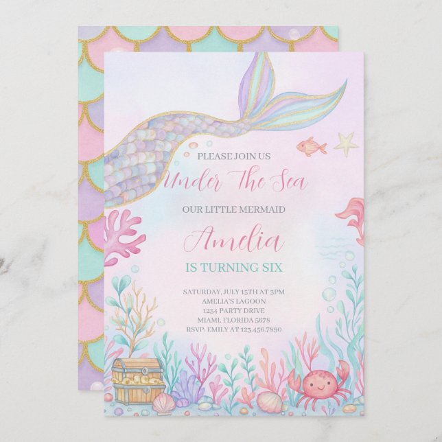 Caminata De Sirenas Bajo Invitación Al Cumpleaños  (Anverso / Reverso)