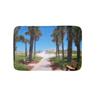 Camino a la playa y palmeras en una alfombra de ba