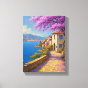 Camino costero con flores moradas y arte con vista
