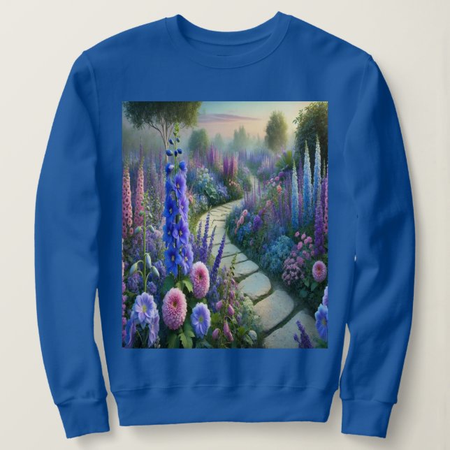 Camino de jardín de flores Camisa sudadera azul (Anverso del diseño)