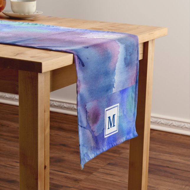 Camino De Mesa Corto Acuarela Abstract Pintado a mano Azul Púrpura Verd (In Situ)