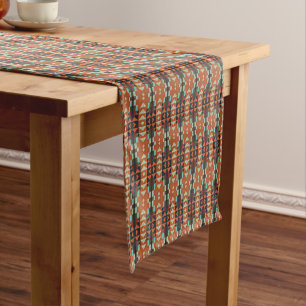 Camino De Mesa Corto Aqua Verde Teal Naranja Beige Taupe Arte Tribal