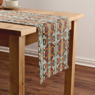 Camino De Mesa Corto Azul Rojo Naranja Taupe Marrón Negro Arte Tribal