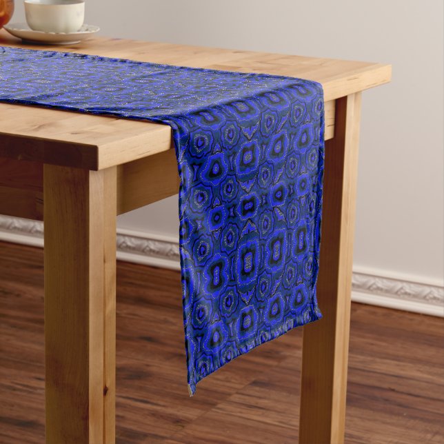 Camino De Mesa Corto Black and indigo blue abstract pattern. (In Situ)