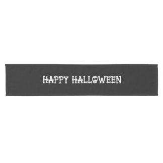 Camino De Mesa Corto Black and White Bony Skull Happy Halloween