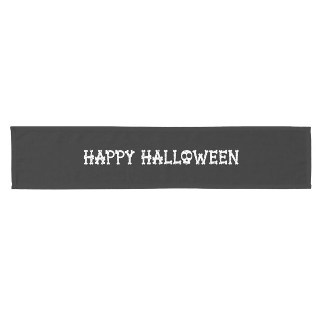 Camino De Mesa Corto Black and White Bony Skull Happy Halloween (Horizontal)