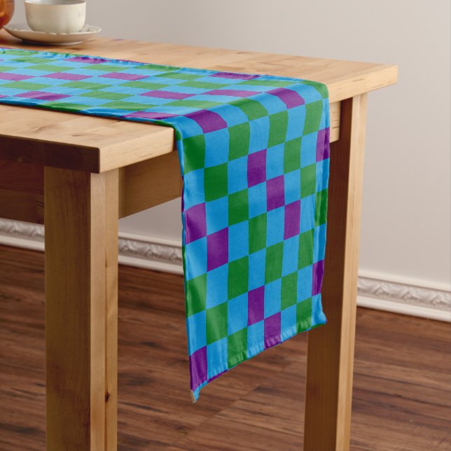 Camino De Mesa Corto Blue Green Purple Checkered Pattern Design  (In Situ)