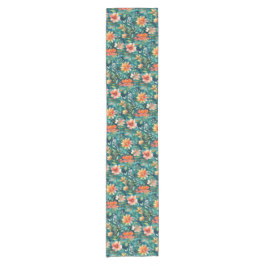 Camino De Mesa Corto Brillante Verde azulado y Coral Resumen Floral
