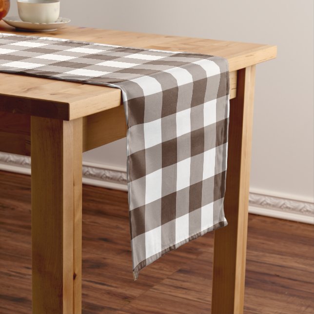 Camino De Mesa Corto Chocolate Brown Plaid Gingham Table Runner (In Situ)