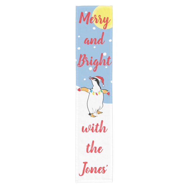 Camino De Mesa Corto Christmas Happy Penguin Personalize 14 x 72 (Anverso)