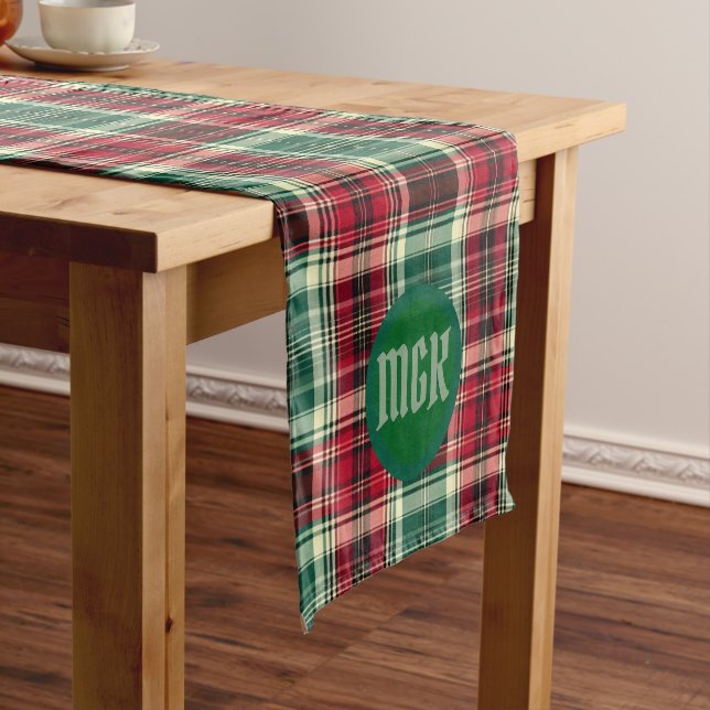 Camino De Mesa Corto Christmas Tartan Plaid Table Runner with Monogram (In Situ)
