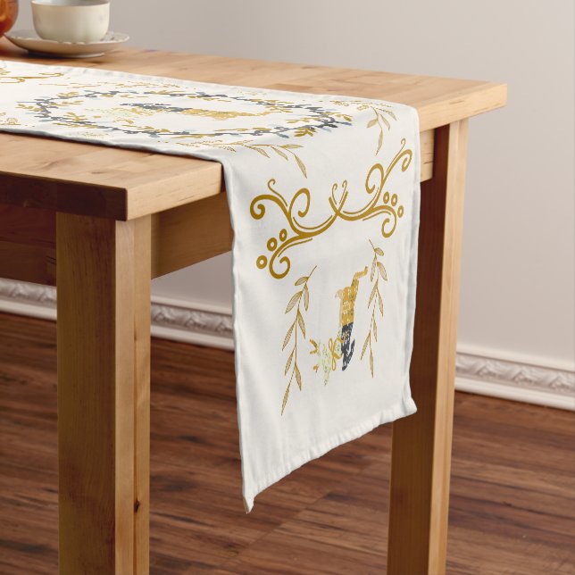 Camino De Mesa Corto Christmastime Deer with Wreath Yellow Table Runner (In Situ)