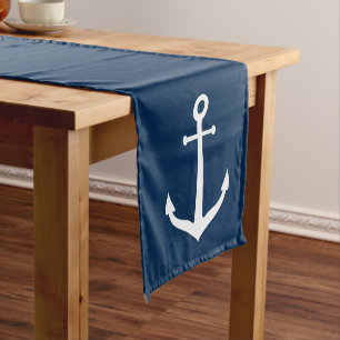 Camino De Mesa Corto Clásico Ancla Náutica de Navy y Blanco