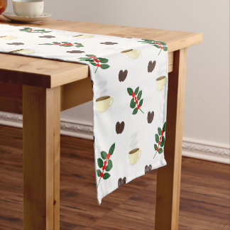 Camino De Mesa Corto Coffee Pattern with Beans, Cups, and Coffee trees