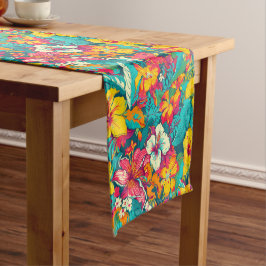 Camino De Mesa Corto Colorful Tropical Flowers Pattern