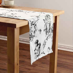 Camino De Mesa Corto Cupido Vintage Cupid Angels Floral Black White Toi