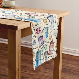 Camino De Mesa Corto Cute Watercolor retro cafetera cafetera cuchara pa