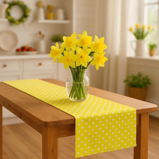 Camino De Mesa Corto  Daffodil Yellow with Polka-Dots (add cheerful ambiance to the decor of your kitchen or dining room with yellow and white table runner)