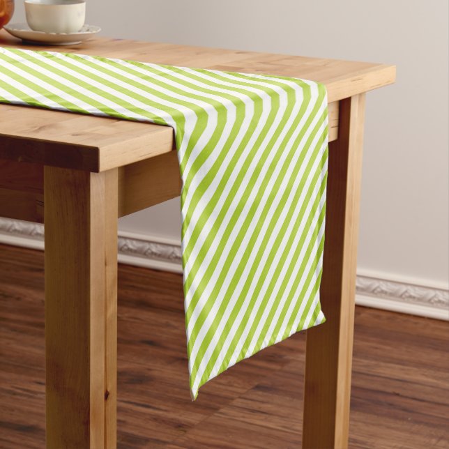 Camino De Mesa Corto Diagonal lime green and white stripes pattern (In Situ)