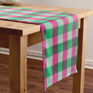 Camino De Mesa Corto Diseño de cheques de Gingham verde rosa