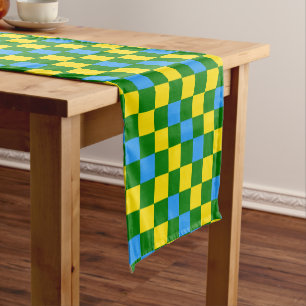 Camino De Mesa Corto Diseño de Patrón de Cuadros Azul Amarillo Verde