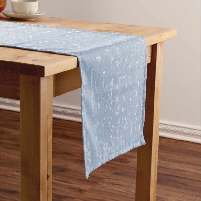 Camino De Mesa Corto Dusty Blue Wildflower Baby Shower Table Runner (In Situ)