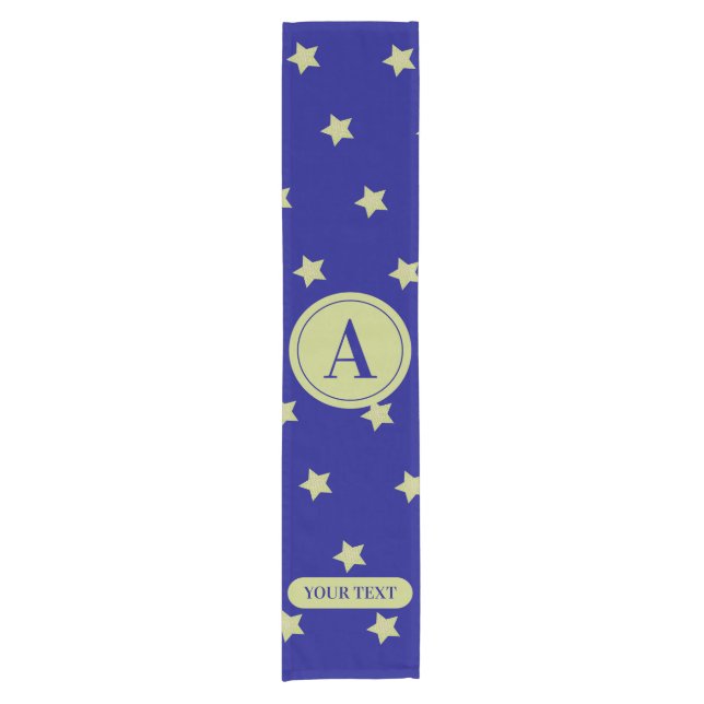 Camino De Mesa Corto Elegant Gold & Blue Star Pattern Monogram (Anverso)