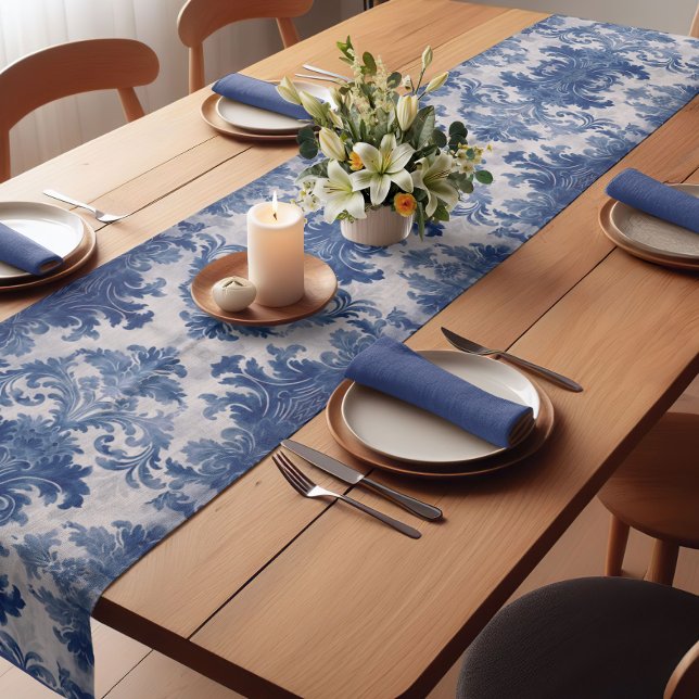 Camino De Mesa Corto Elegante damasco Blue toile de jouy monograma (Subido por el creador)