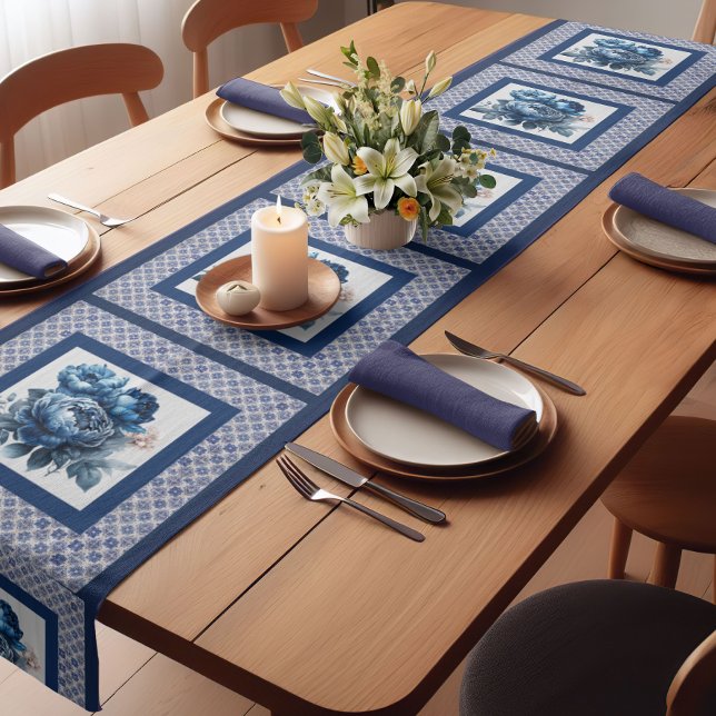 Camino De Mesa Corto Elegante Flores Azules chinoiserie toile monograma (Subido por el creador)