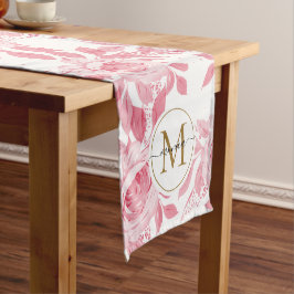 Camino De Mesa Corto Elegante Monograma Rubor de color de agua rosa Flo