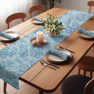 Camino De Mesa Corto Elegante toile verde azulado azul vintage de jouy 